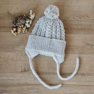 Baby Handmade Knitted Cuffed Beanie with Pom Pom and Ties